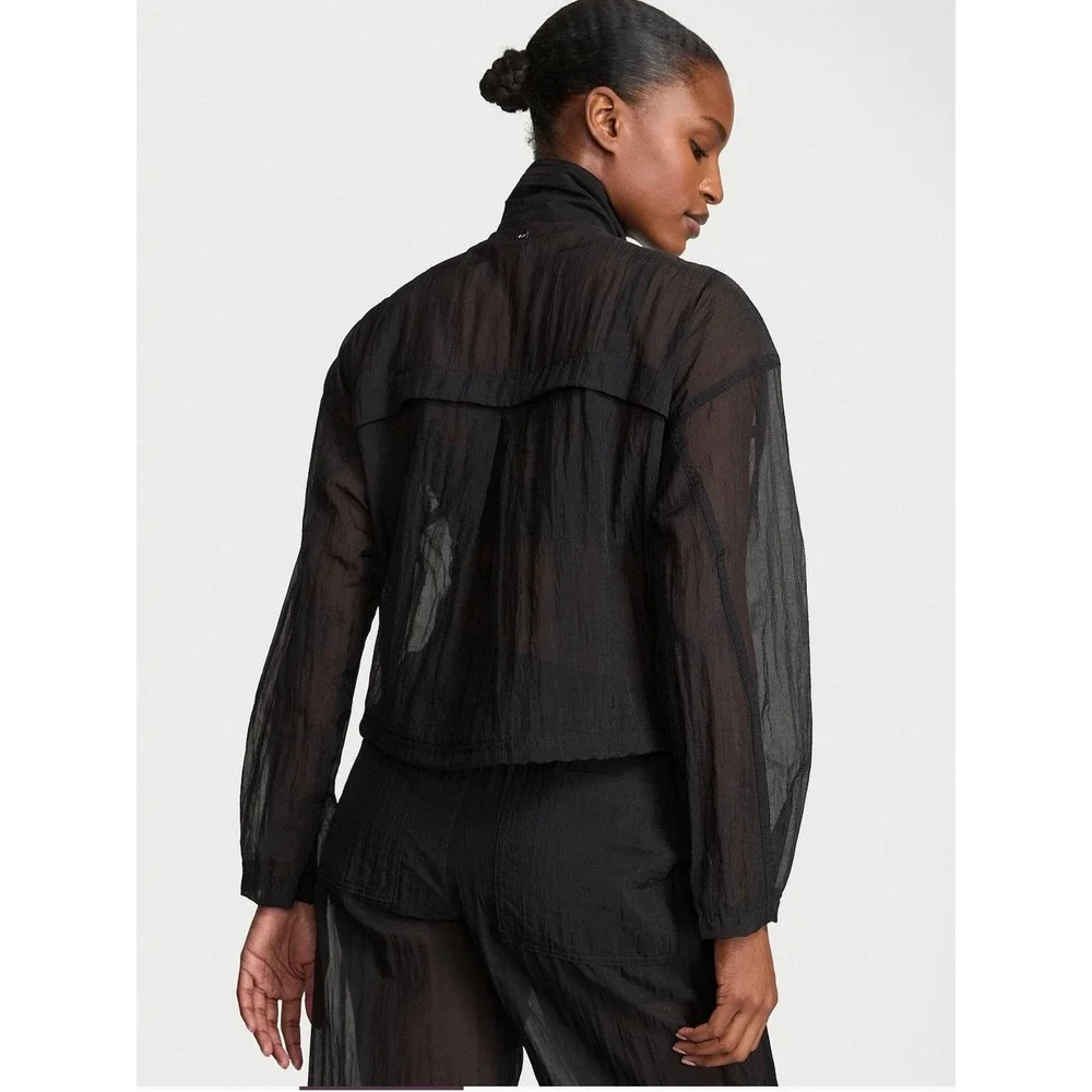 VSX Victoria's Secret Black Sheer Ripstop‎ Windbreaker Cropped Jacket Medium NEW